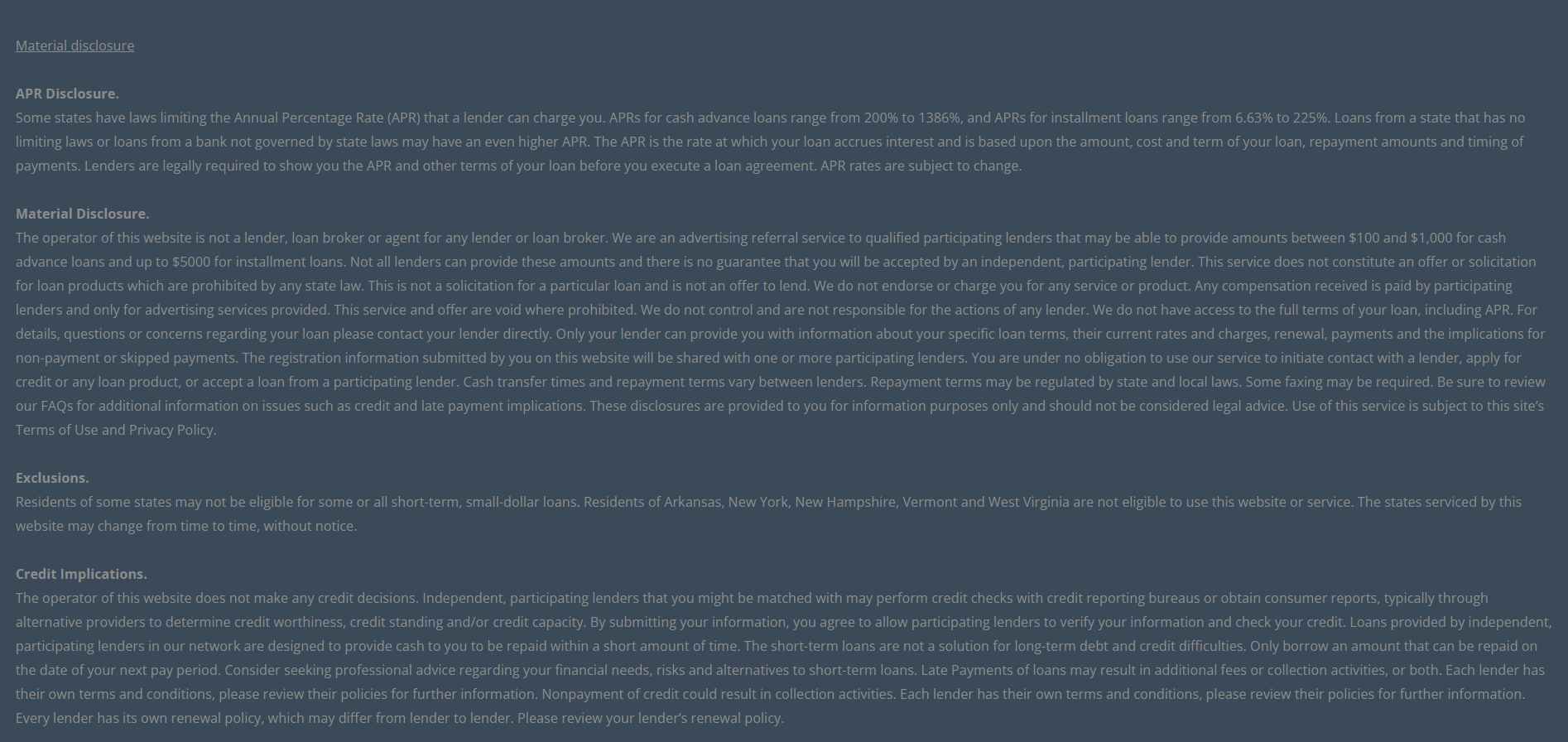 Material disclosure for payday loans in Waco Texas